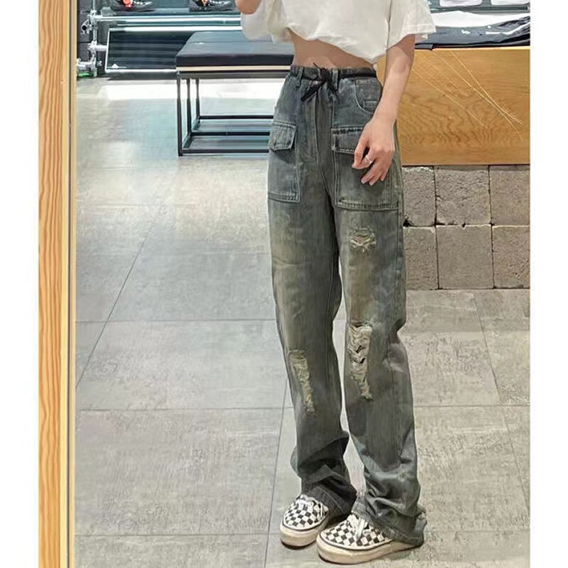Y2K Women Vintage Streetwear Ripped Straight Ladies Cargo Jeans Pants High Waisted Loose Denim Trousers Fairy Grunge Alt Clothes