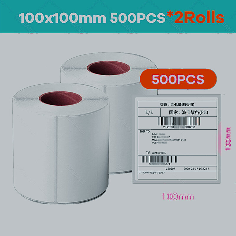 Etiqueta térmica de transporte de código de barras, etiqueta de código de barras en blanco, impresión directa, suministros de impresión impermeables, 500 unids/rollo adhesivo/4*4*4*6