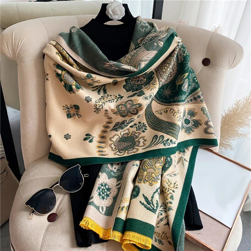 Bufanda de Cachemira de doble cara para mujer, chales con estampado de Pashmian, manta gruesa cálida, estolas femeninas de diseño, invierno, 2022