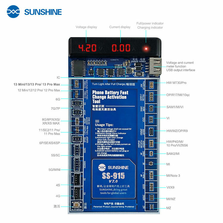 Nieuwste Sunshine SS-915 Universele Batterij Activering Board Voor Iphone 13 13P 13 11Phuawei Vovi Activering Mobiele Lading 2A 7.0