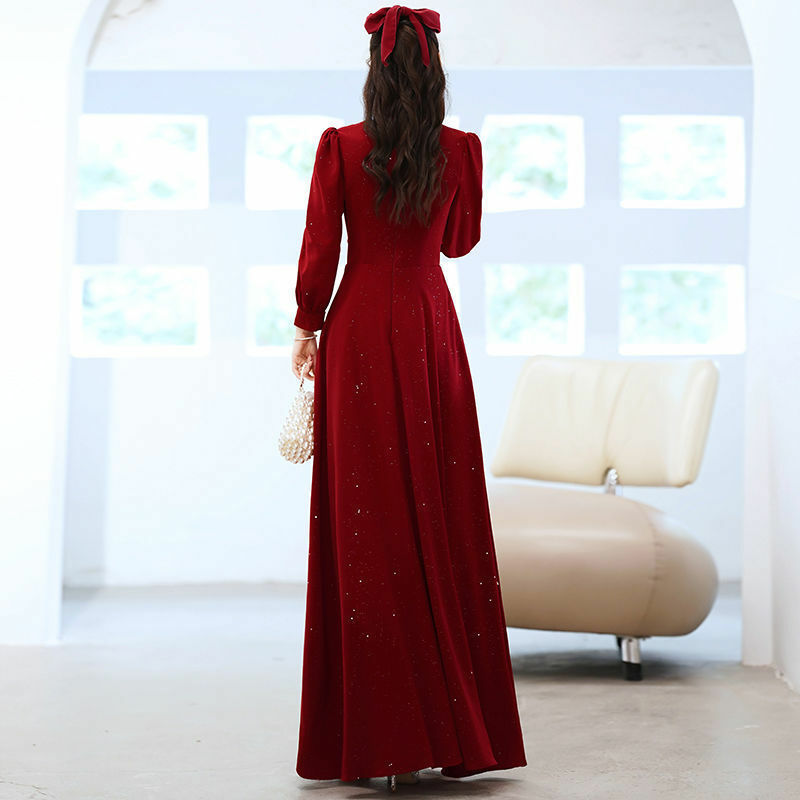 Etesansfin vinho de verão torrada vermelha/casamento/noivado/vida diária/vestido feminino-elegante gola redonda (ambos regular-plus)