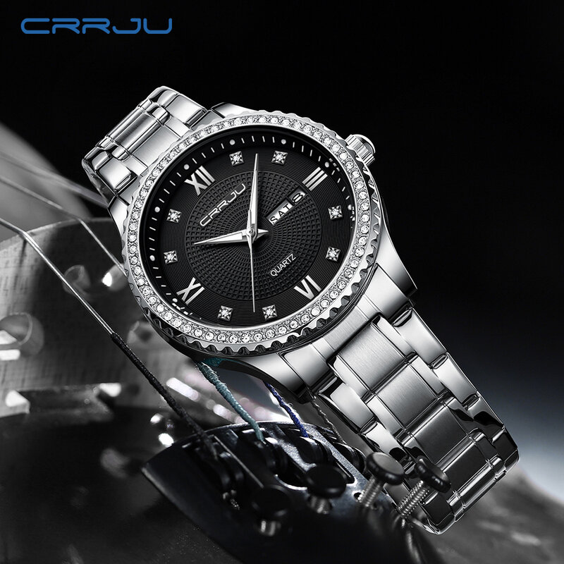 Relógios de pulso CRRJU-Stainless Steel Band para homens, novos relógios quartzo luminosos com data, casual, marca esportiva, 5016