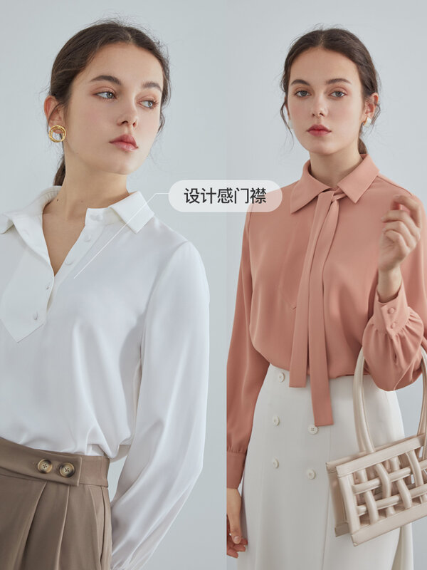 FANSILANEN-시크한 폴로 넥 리본 경사 칼라 긴 소매 셔츠 여성용, 단색 상의, 신제품, 봄 2021