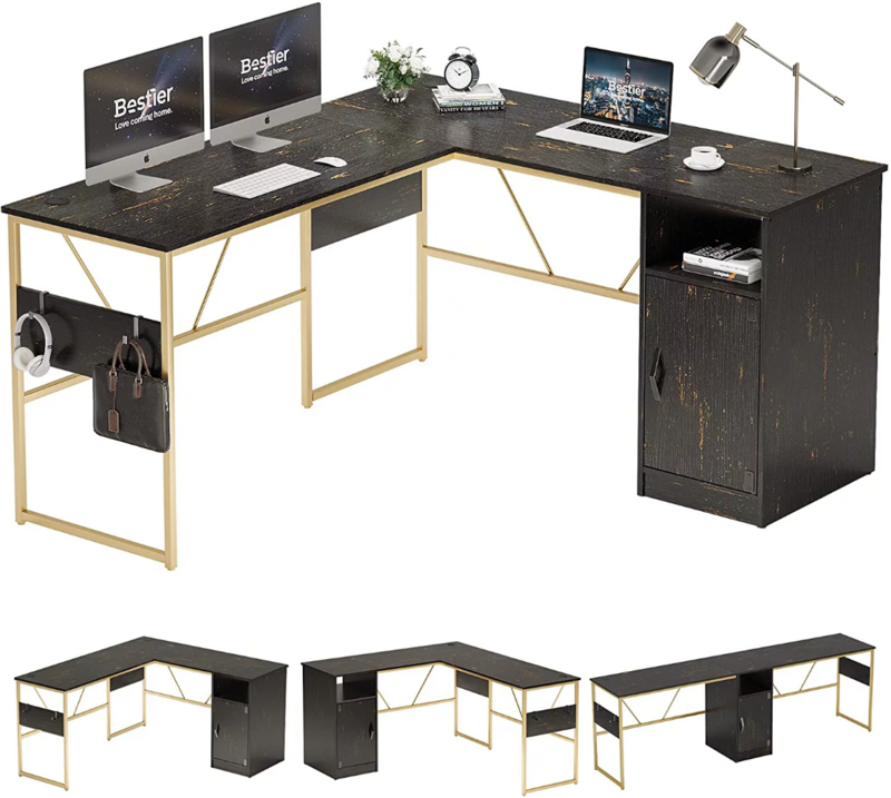 Bureau d'ordinateur en forme de L, 60 pouces, avec armoire de rangement, bureau d'angle, pour la maison, Table d'ordinateur réglable