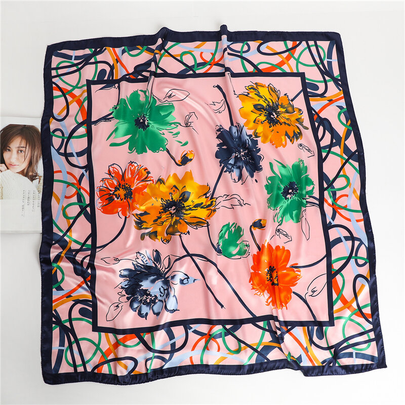 Foulard carré en soie en Satin pour femmes, Bandana, couvre-chef, imprimé Floral, cravate, châles musulmans, sac, bandeau enveloppant, 90x90cm