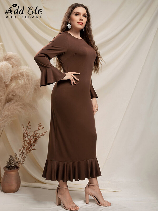 Adicionar elegante vestido de sereia tamanho grande feminino 2022 outono o pescoço casual suave solto elegante alargamento manga design roupas b1068