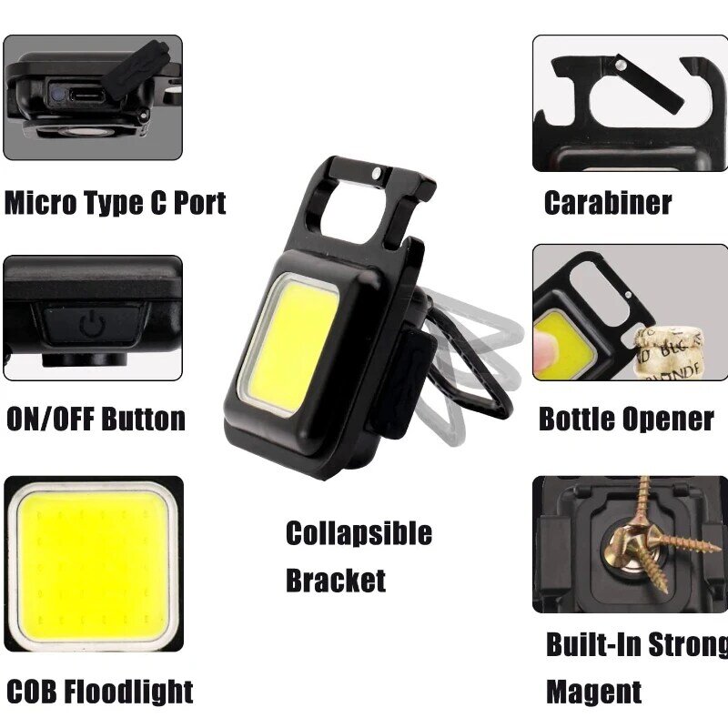 Mini luz de trabajo LED para acampar, linterna deslumbrante COB, llavero, luz de emergencia con carga USB, luz magnética fuerte, 6cm