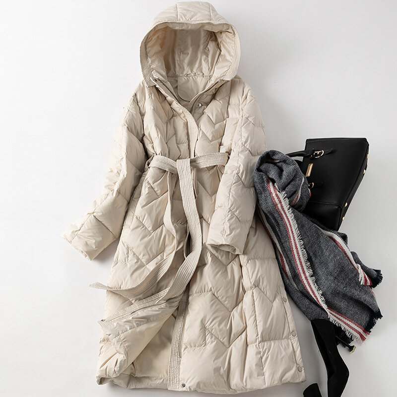 2022 inverno das mulheres para baixo casaco longo ultra grosso pato branco para baixo casaco capa cinto quente outwear casual sólido elegante