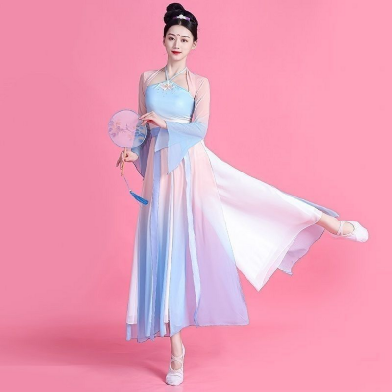 Traje da dança clássica chinesa para mulheres, prática antiga da dança, encanto fluindo, traje do desempenho de Hanfu, Wanjiang