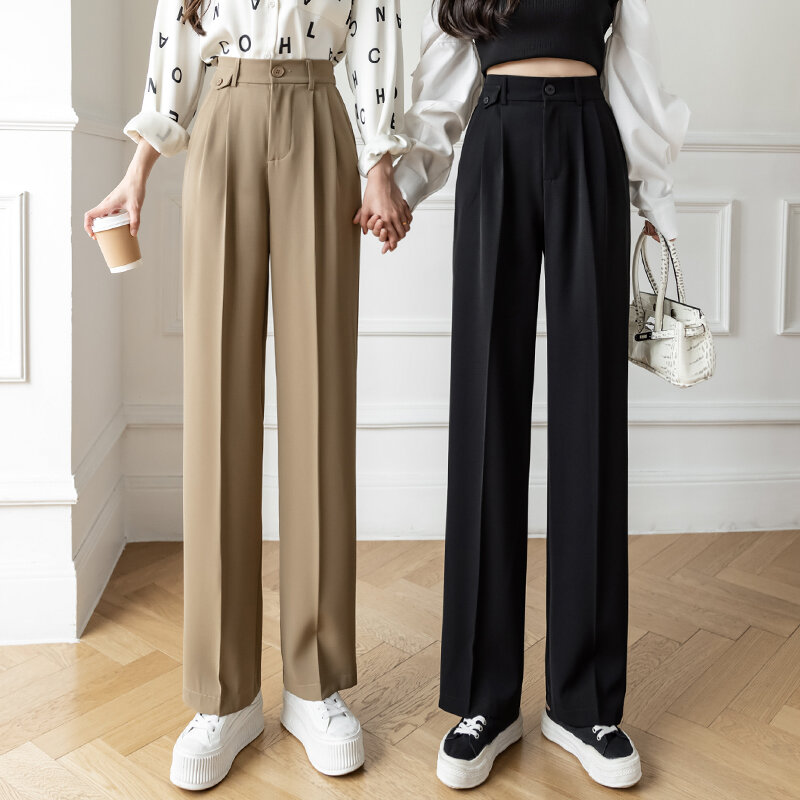Pakaian Warna Solid Celana Kaki Lebar Wanita Musim Semi Baru Pinggang Tinggi Longgar Perasaan Jatuh Celana Lurus Tipis 80H, 325-1