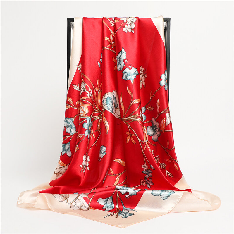2021 새틴 실크 Squre 스카프 Hijab 여성 꽃 인쇄 머리띠 두건 가방 포장 얇은 Shawls 패션 손수건 Foulard 90*90cm