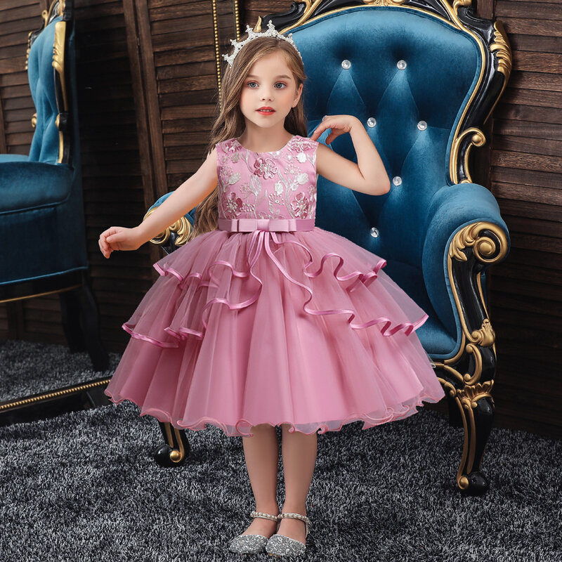 جديد الدانتيل التطريز الرسمي أكمام ثوب زفاف توتو فستان الأميرة زهرة الأطفال الفتيات ملابس الاطفال حفلة