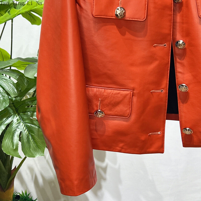 Sheepskin Genuine Leather Jacket Women Round Neck Fashion Slim Leather Jacket S3