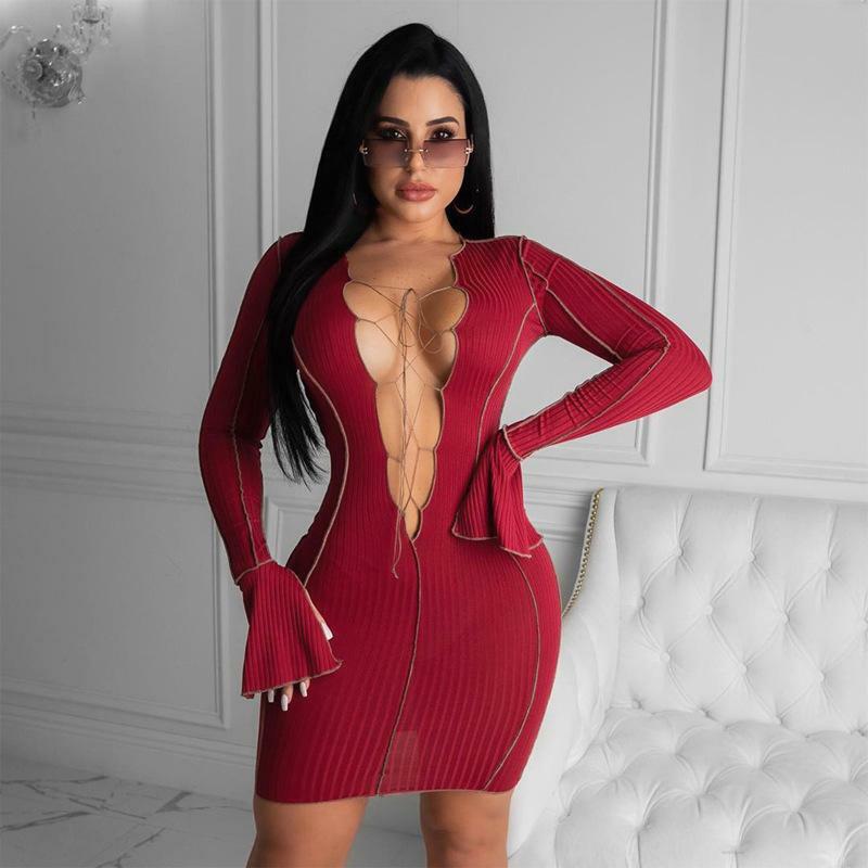 2022 New Spring and Autumn Women's Pit Strip Sexy V-Neck Strap Flared Sleeve Dress