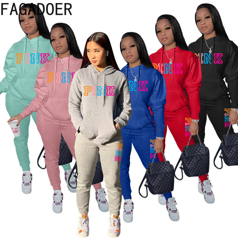 FAGADOER Fall Winter 2022 Hooded Two Piece Set Women Pink Letter Print Outfits Solid Casual Tracksuit Street Female Sweatsuits