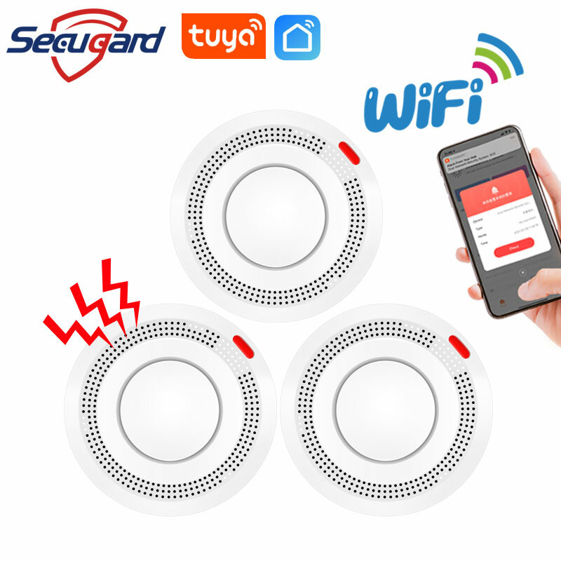 WiFi เครื่องตรวจจับควัน Tuya Fire Sensor ขายส่งเสียงปลุก80db Smart Life APP Push ข้อความความปลอดภัยในบ้านระบบ