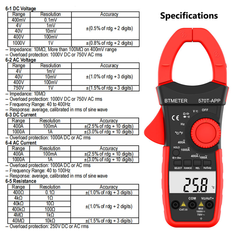 Multímetro digital 570c-app, medidor de distância automática/manual de 4000 contagens, amperímetro elétrico hvac com aplicativo bluetooth