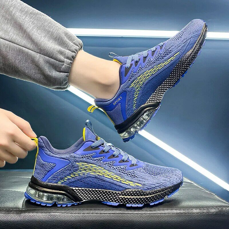 Running Shoes Men's Sneakers Fitness Shoes Breathable Air Cushion Outdoor Platform Flying Woven Lace-Up Brand Sports Shoes 9078
