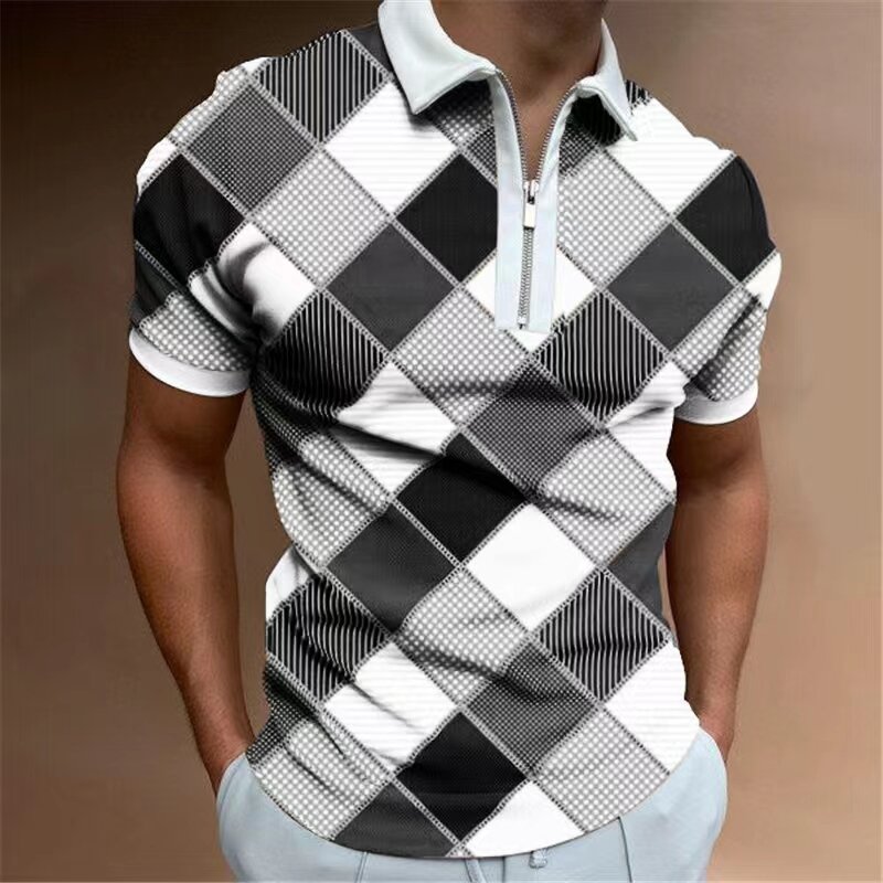 Verão nova impressão masculina xadrez camiseta casual manga curta turn-down collar zíper polo camisa de alta qualidade masculina streetwear topos
