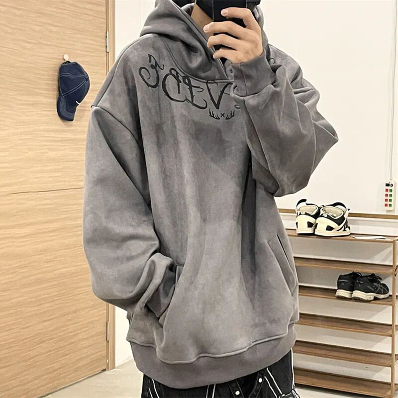 Hiphop American Street Suede Hooded Sweater Men's Autumn Letter Printing Tops Loose Casual High Street Pullover Jacket Tatoo