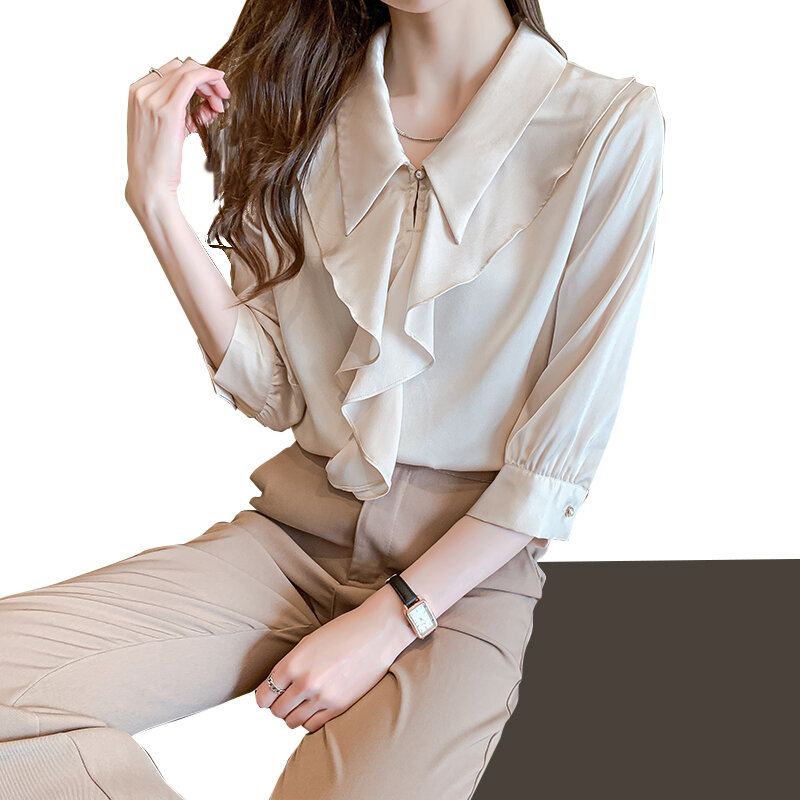 Женская шифоновая блузка с воротником «Питер Пэн» и длинными рукавами