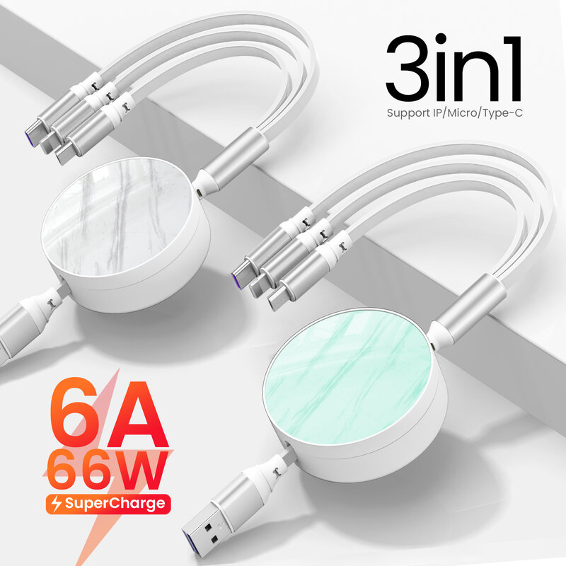 Kabel Data Pengisi Daya USB 3 IN 1 6A/66W Dapat Ditarik untuk iPhone 13 12 14 Pro Kabel Pengisi Daya Cepat untuk Samsung Xiaomi Kabel USB Tipe C