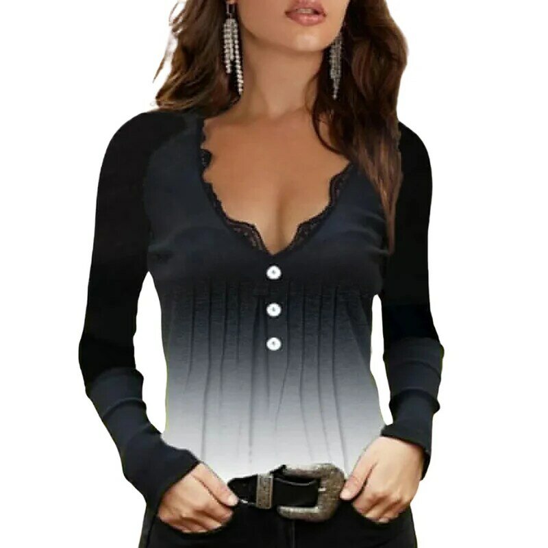 Женская Повседневная футболка с кружевным воротником, однотонная блузка с длинным рукавом и глубоким V-образным вырезом, весна-осень 2022