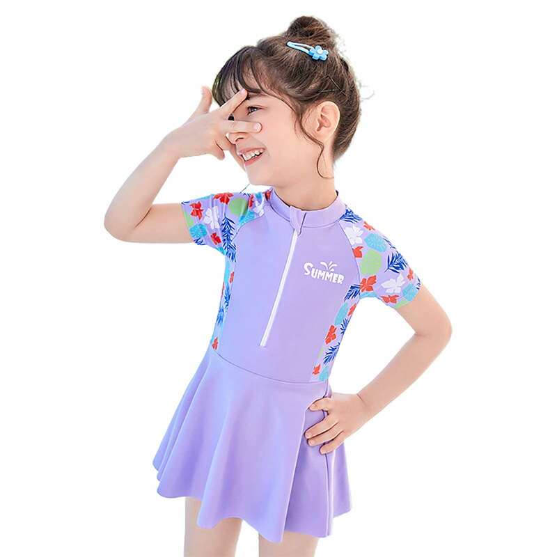 Girls One Piece Swimsuit Kids  Lovely Swimwear Bathing Suits Sun Protection Beach Princess Short Sleeve Swim Dress Swimwear