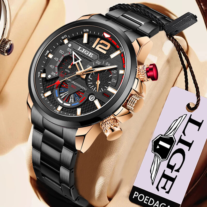 Часы наручные LIGE Мужские кварцевые, модные брендовые Роскошные спортивные с хронографом из нержавеющей стали