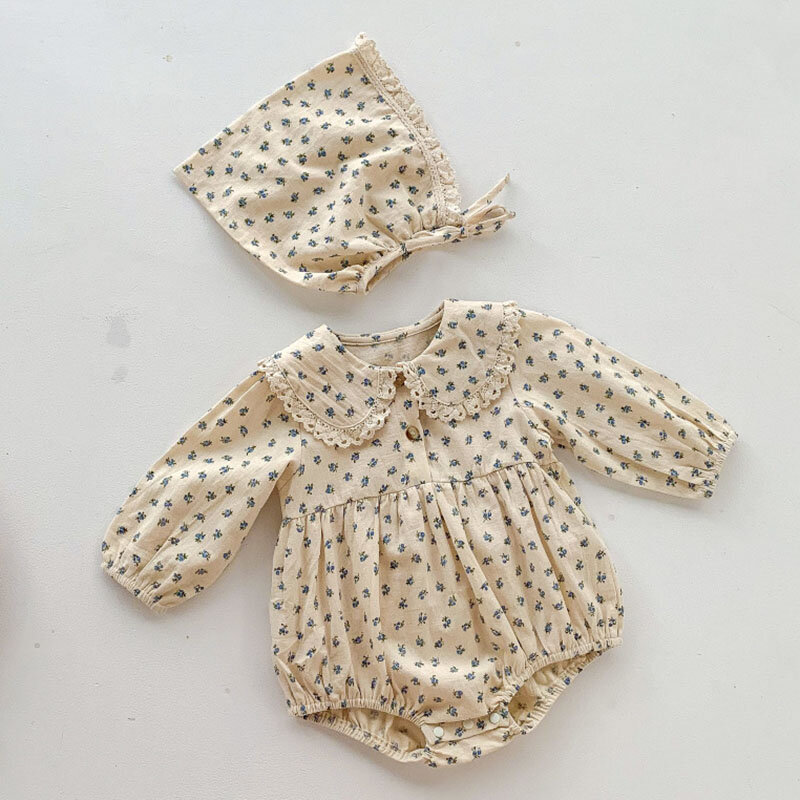 Jumpsuit Bayi Perempuan Bayi + Topi Lengan Panjang Katun Motif Bunga Balita Bayi Perempuan Baju Monyet Musim Semi Musim Gugur Pakaian Bayi Perempuan