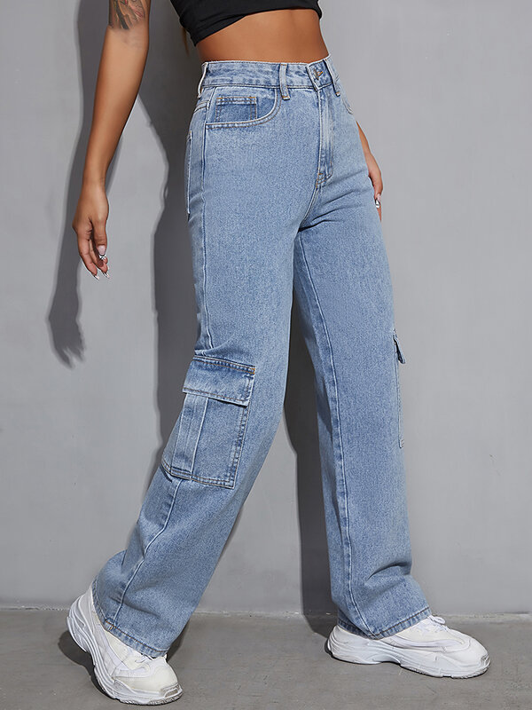 Nowy modny damski kieszeń na klapę workowate dżinsy Cargo wygodny krój chłopięce spodnie damskie dorywczo luźne proste spodnie jeansowe spodnie dżinsowe