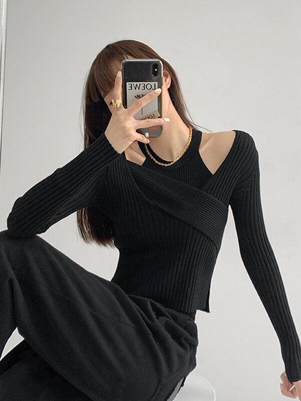 Streetwear Sweter Kualitas Tinggi Dua Potong Set Rompi Suspender Leher Wanita dari Bahu Sweter Lengan Panjang Pakaian Wanita Y2k