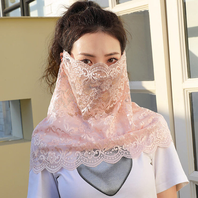 Elegant Women Lace Sun Protection Scarf Summer Outdoor Neck Full Protection Sunscreen Veil Mask For Cycling Travel Breathable