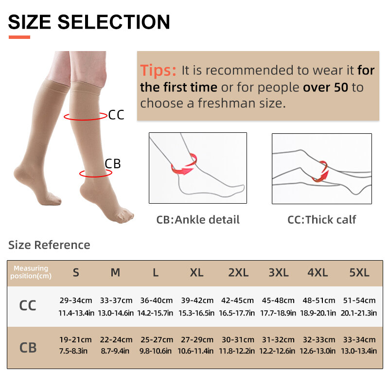 Homens mulheres ciclismo gravidez inchamento anke e bezerro meias de compressão médica tamanho grande para varizes veias 20-30mmhg