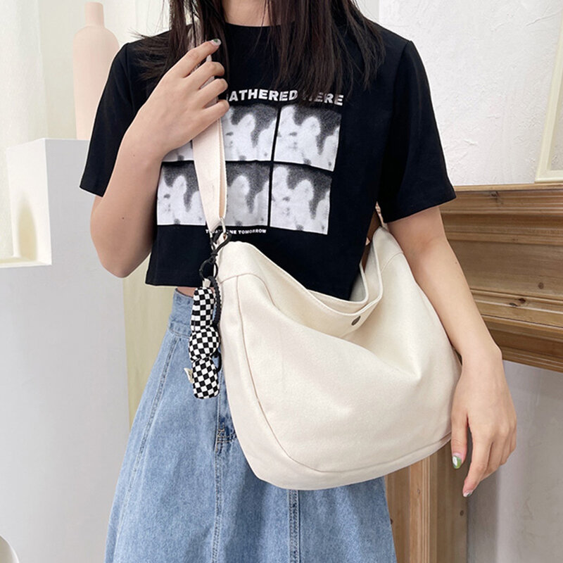 Casual Canvas Crossbody Bags for Girls Large Capacity Japanese Harajuku Shoulder Bag Simple Solid Color Hobos Schoolbag Student