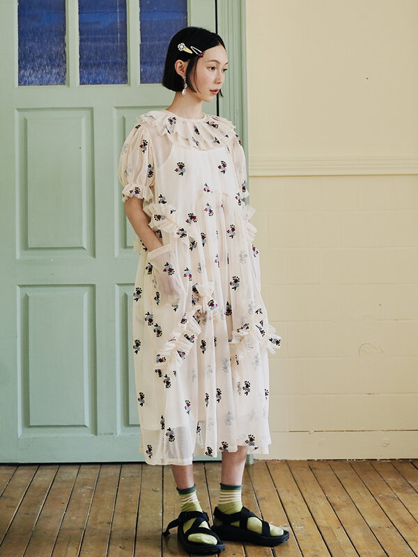 Imakokoni-女性用の長袖メッシュドレスガーゼドレス,オリジナルの雰囲気,Vネック,ミドル丈,サマードレス