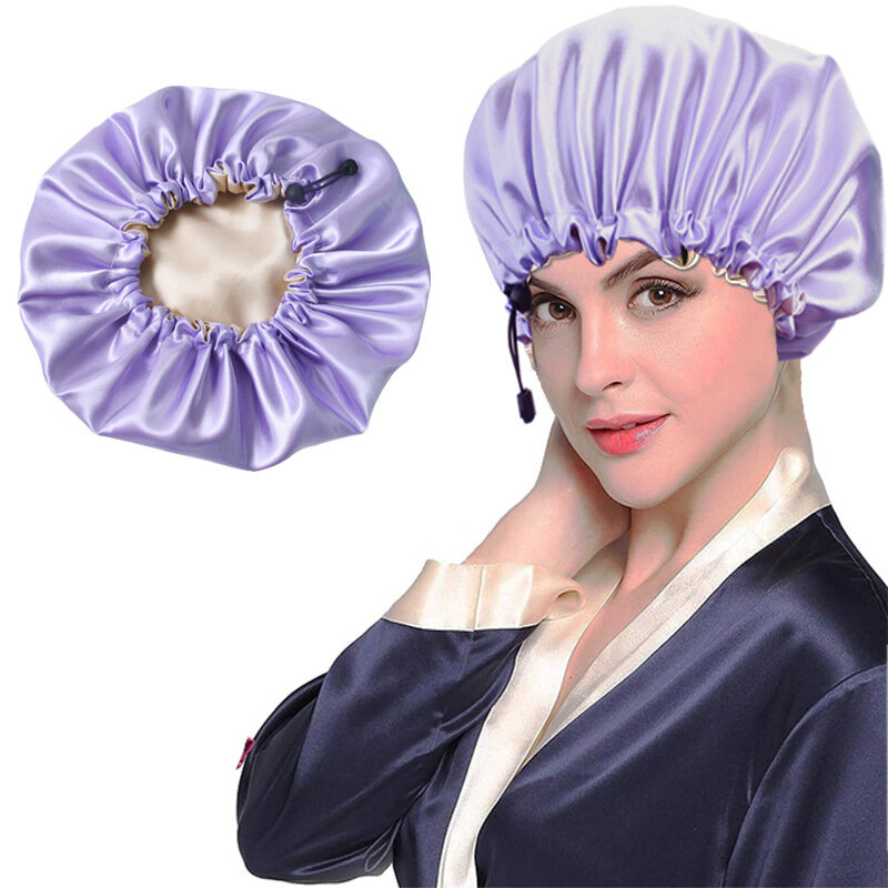 Women Elastic Sleeping Cap Soft Pure Satin Silk Night Sleep Hat Hair Care Scarves Bonnet For Long Curly Reusable Hair Bath Hat