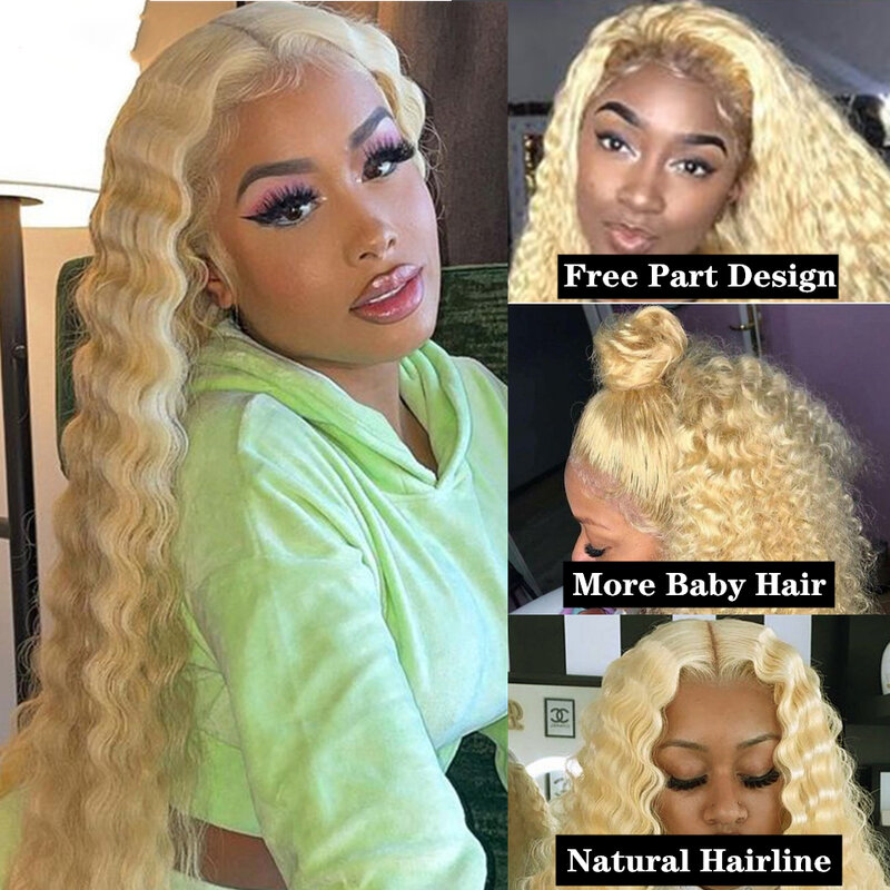 Perruque Lace Front Wig Deep Wave Brésilienne 613 Naturelle, Couleur Blond Miel, Transparent HD, pour Femme