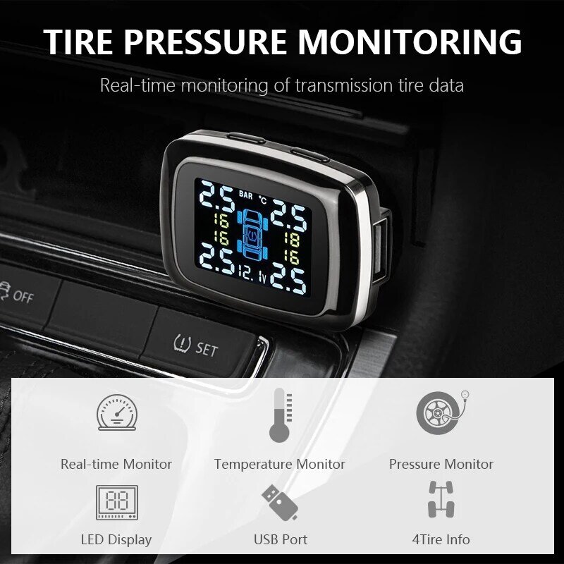 자동차 TPMS 타이어 압력 경보 모니터링 시스템 담배 라이터, USB 자동 보안 타이어 온도 경고 게이지