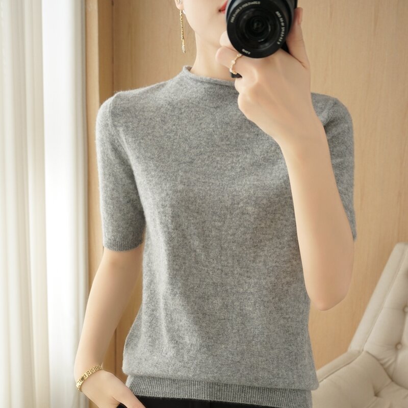 女性用半袖タートルネックTシャツ,春と秋のセーター,薄手のニットウェア,新しいトレンド2022