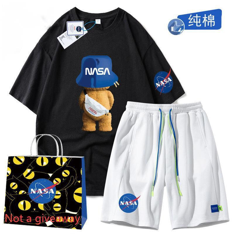 Camiseta de algodón 100 con estampado de oso de dibujos animados para hombre, traje deportivo informal, camiseta de gran tamaño con pantalones cortos, conjunto de verano