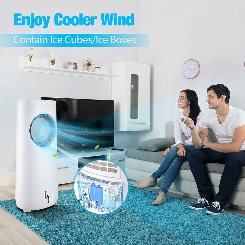 Refrigerador de ar com design Bladesess Fan, Cool e humidificar a função, 3 velocidades de vento, Temporizador 12H, Adequado para R