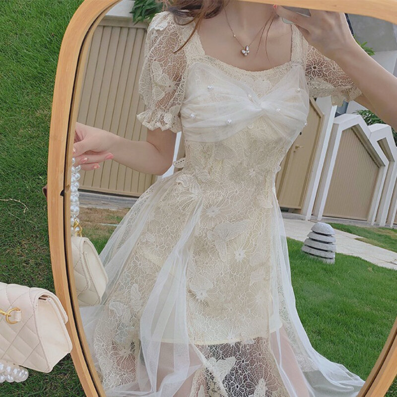 2021 nowa spódnica bąbelkowe rękawy szlachetny i elegancki temperament francuski gaza wróżka koronkowa sukienka damska lato 598b,530-5