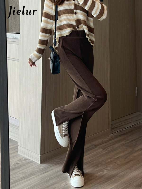 Jielur główna ulica koreański Split spodnie Flare damskie spodnie z wysokim stanem jesień prosta pani szare czarne brązowe spodnie sztruksowe XS-XL