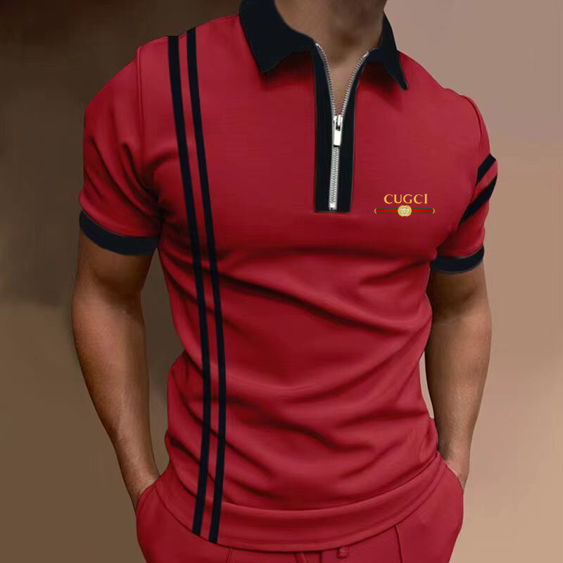 2023 Lente Zomer Polo Shirt Mannen Casual Turn-Down Kraag Rits Mode Gestreepte Solid Slim Tops T-shirt