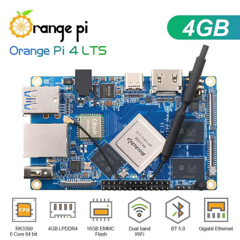 Orange Pi 4 LTS 4G16G+5V4A DC Power Supply, Rockchip RK3399,Support Wifi+BT5.0,Gigabit Ethernet, Run Android,Ubuntu,Debian OS