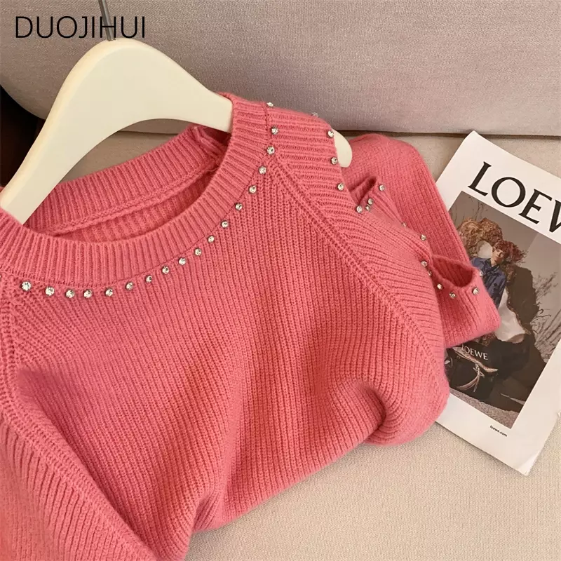 DUOJIHUI Chicly Pearl Hollow Out Knitting Female Pullovers Classic O-neck Simple Casual Loose Pure Color Fashion Women Pullovers