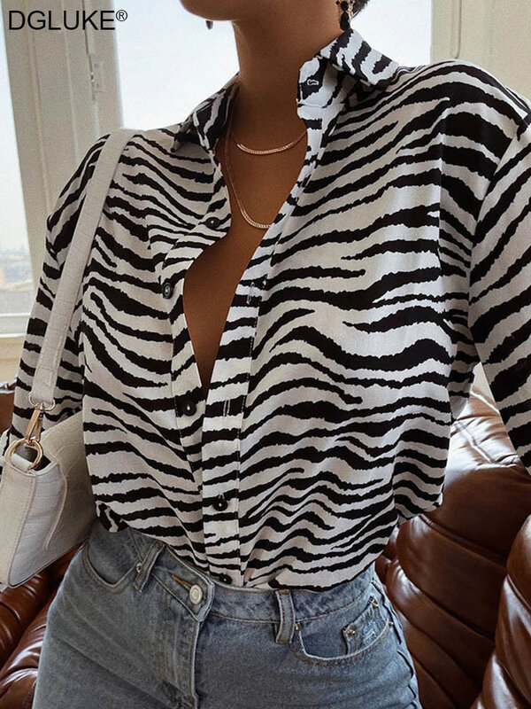 Tier Zebra-Print Langarm Shirts Für Frauen 2022 Drehen Unten Kragen Einreiher Übergroßen Shirt Mode Casual Bluse Top