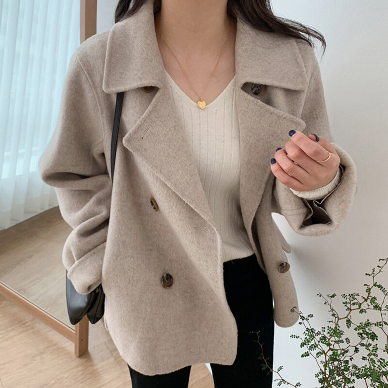 Outono inverno casacos de lã feminino coreano chique temperamento colarinho duplo breasted manga longa jaqueta curta casaco feminino