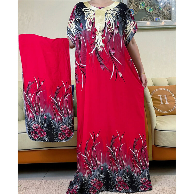 فستان Dashiki الأفريقي مع وشاح للنساء ، طباعة الأزهار ، قصيرة الأكمام ، على التوالي ، فضفاضة ، وجمع الخصر ، والقطن ، أحدث ، YY24